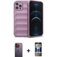 Marsilyan™- iPhone 12 Pro Kılıf Atlas Koleksiyonu - Siyah 34D Hayalet Izgaralı Cam + Neon Fosforlu Kamera Lens - Tu