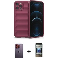 Marsilyan™- iPhone 12 Pro Kılıf Atlas Koleksiyonu - Siyah 34D Hayalet Izgaralı Cam + Neon Fosforlu Kamera Lens - Tu