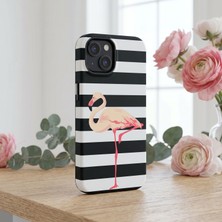 Siyah Beyaz Çizgili Flamingo Desenli iPhone Kılıfı – Darbelere Dayanıklı Şık Tasarım