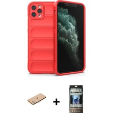 Marsilyan™- iPhone 11 Pro Max Kılıf Atlas Koleksiyonu - Siyah 34D Hayalet Izgaralı Cam + Renkli Kamera Lens Koruma Cam - Pe