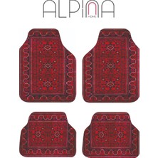Alpina Home Etnik Desenli Kırmızı Oto Paspas Takımı 4 Parça Kaymaz Taban Yıkanabilir Dijital Baskı