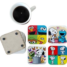 Ghostbastır Design Snoopy ve Susam Sokağı Dekoratif Ahşap Bardak Altlığı Seti 082