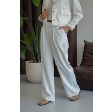 Moonsc Kadın Regular Fit Yüksel Bel Geniş Paça Tesettür Beyaz Palazzo Pantolon