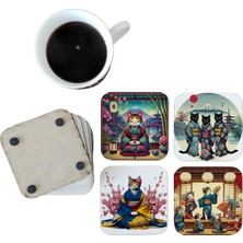 Ghostbastır Design Japon Geyşa Kediler Dekoratif Ahşap Bardak Altlığı Seti 098