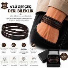Elan Collection Erkek Hakiki Deri Metal Mıknatıslı Klips ve El Örgüsü 4 Şerit Bileklik Kahverengi