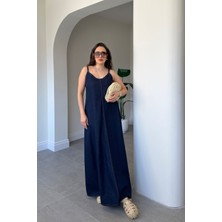 Magarde Askılı Denim Elbise- Lacivert