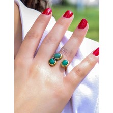 Esha Store Doğal Taş Yeşil Akik Üçlü Doğal Taşlı Antik Model Kadın Ayarlanabillir Yüzük EUY76YA