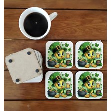 Ghostbastır Design Tweety Happy Patrick Day Dekoratif Ahşap Bardak Altlığı Seti 052