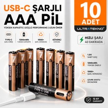 UltraTekno USB Type-C Şarjlı Aaa Pil 1.5V 1200MWH Lityum Şarj Edilebilir Ince Kumanda Pili 10 Adet (5 Paket)