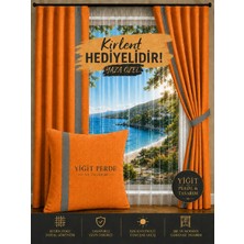 Turuncu Renk Gri Biye Geçişli Kadife Dokulu Düz Ekstrafor Büzgülü Fon Perde