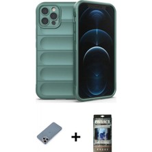 Marsilyan™- iPhone 12 Pro Kılıf Atlas Koleksiyonu - Siyah 34D Hayalet Izgaralı Cam + Metal Kamera Lens Koruma Cam - Gs