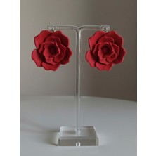 Eosanthe Büyük Kırmızı Gül Çiçek Küpe - 6 cm Minimalist Halka/çivili Gül Çiçek Küpe