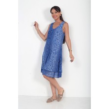 By Saygı Kadın Italyan Cotton Leopar Desenli Astarlı Sıfır Kol Midi Elbise