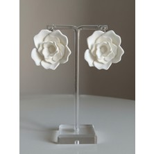 Eosanthe Büyük Beyaz Gül Çiçek Küpe - 6 cm Minimalist Halka/çivili Gül Çiçek Küpe