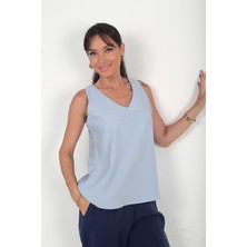 By Saygı Kadın V Yaka Pervazlı Italyan Cotton Lyocell Bluz