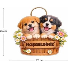 Plus Moda 28-25 cm Hoş Geldin Köpek Çiçek Dekorlu Ahşap Kapı Süsü, Kapı Bahçe Önü Süsü