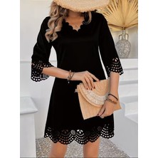 Alyn Wear Kadın Kısa Kollu V Yakalı Lazer Kesim Çiçek Desenli Kısa Ithal Krep Elbise