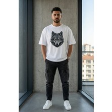 Welly Jones Beyaz Kurt Baskılı Oversize T-Shirt Optik Illüzyon Tasarım Salaş Tişört