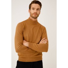 İGS Açık Kahve Modern Fit Dar Kalıp Yarım Balıkçı Düz Uzun Kollu Triko