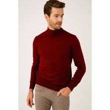 İGS Bordo Modern Fit Dar Kalıp Yarım Balıkçı Düz Uzun Kollu Triko
