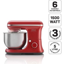 Arzum AR1189 Crust Mix Lite Stand Mikser 1500W, 5L Hazneli Hamur Yoğurma, 3 Aparat, Kırmızı