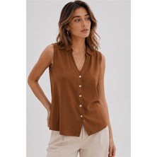 Fashion Friends Kolsuz Kahverengi Kadın Gömlek 26Y0369K1