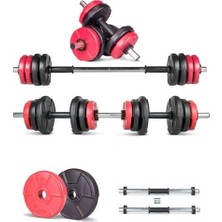MarkEntegra Spor 12  Multifonksiyonel Kırmızı Siyah Halter Seti ve Dambıl Seti