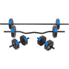 MarkEntegra Tan Spor 30  (150 Cm) Düz Barlı +Z Barlı Dambıl Dumbell Ağırlık Halter Full Set Mavi Kapaklı