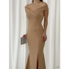 Moda Feminen Kayık Yaka Ithal Krep Kumaş Abiye Elbise 582013 Vizon