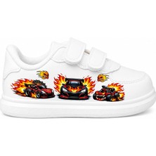 Lias Design Alevli Hot Arabalar Baskılı  Beyaz Bantlı Çocuk Spor Ayakkabı Sneaker
