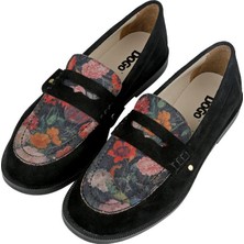 Dogo Kadın Vegan Deri Siyah Loafer - Black Floral Tasarım