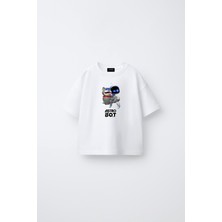 Fasardi Astro Bot Baskılı Oversize %100 Pamuk Kısa Kollu Unisex Çocuk Tişört
