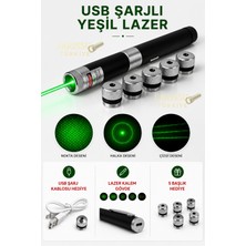 farissu USB Şarjlı Yeşil Lazer Pointer Kalem - 5 Farklı Desen Başlıklı, 10 Km Yüksek Menzilli Güçlü Işaretleyici