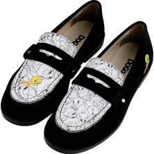Dogo Kadın Vegan Deri Siyah Loafer - Warner Bros Looney Tunes Tweety Tasarım