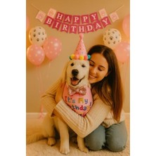 Vuralsin38 Köpek Kedi Doğum Günü Seti Bandana Şapka Afiş Parti Dekorasyonu, Şapyon Tasma Aksesuarı, Erkek ve Dişi Evcil Hayvanlar Için (Pembe)