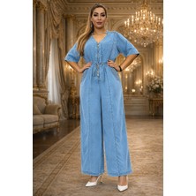 Yeşil Moda Kadın Taş Detaylı Denim Tulum Fermuarlı Bel Ayarlı Jean Tulum V Yaka