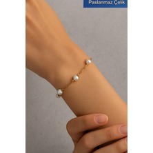 Trend Collection Paslanmaz Çelik Gold Inci Detaylı Ayarlanabilir Kadın Bileklik