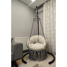 WoodShut Tek Kişilik Makrome El Örgüsü Salıncak (Açık Gri) Minder ve Askı Demiri Ile MİS38003GRİMA