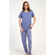 Kezokino Kadın Kısa Kol Pijama Takımı Mor Yazlık Rahat Kesim Ev Giyim Takımı C3T7N1215