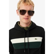 Lacoste Men's Classic Fit Colour-Block Fleece Hoodie Organik Pamuk Renk Bloklu Kapüşonlu Yaka Sweatshirt Siyah