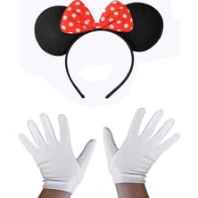 Nevamel Kırmızı Fiyonklu Minnie Mouse Tacı ve Beyaz Eldiven Seti