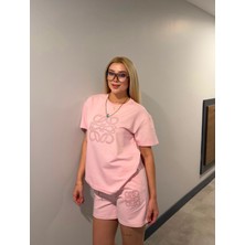 My Lunessa Loe Taşlı Nakışlı Premium Pembe Modal Şortlu Eşofman Takım