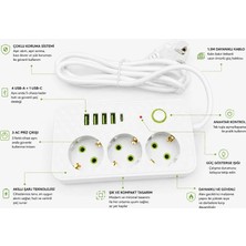 GUNKES Akım Korumalı Priz ve Masaüstü Şarj Istasyonu Kablosuz 3 Priz ,4 Usb, 1 Type-C Girişli 2 Metre
