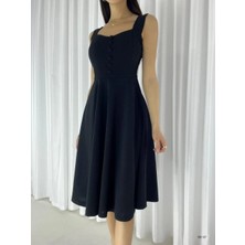 Moda Feminen   Askılı Kalp Yaka Midi Boy Krep Kumaş Abiye Elbise 582187 Lacıvert