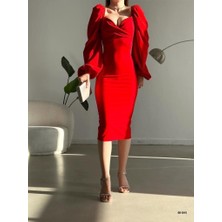 Emirela Kruvaze Yaka Balon Kol Ithal Krep Kumaş Midi Boy Elbise 581915