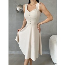 Moda Feminen   Askılı Kalp Yaka Midi Boy Krep Kumaş Abiye Elbise 582187 Bej