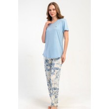 Kezokino Kadın Kısa Kollu Mavi Pijama Takımı Rahat Kesim Yazlık Ev Giyimi C1T0N2215