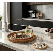 İska Hediyelik Doğal Rattan Çerçeveli Siyah Beyaz Damalı Dekoratif Tepsi Seti (Ikili)