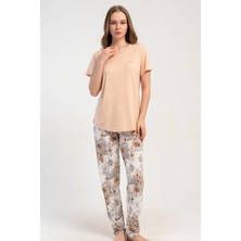 Kezokino Kadın Kısa Kollu Bej Pijama Takımı Rahat Kesim Yazlık Ev Giyim C9T8N1215