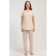Kezokino Kadın Kısa Kol Bej Pijama Takımı Rahat Kesim Yazlık Ev Giyim Takımı C1T8N1215